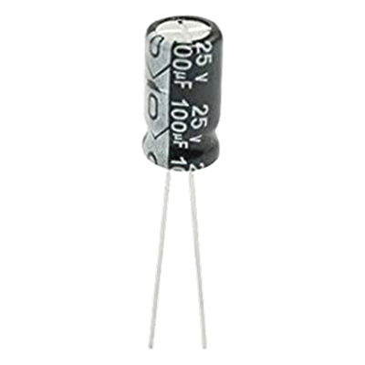 Capacitor Electrolítico de Aluminio, Radial de 100 µFd, 25 Vcc, 105 °C, 6.3 x 11 mm.