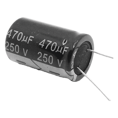 Capacitor Electrolítico de Aluminio, Radial de 470 µFd, 250 Vcc, 105 °C, 25 x 40 mm.