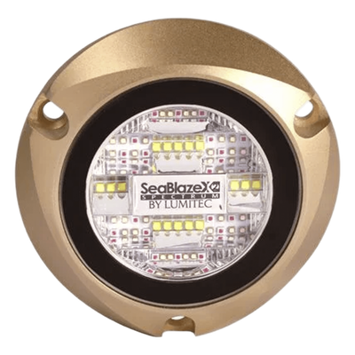 Luz led marina sumergible SeaBlaze X2, emite luz de color blanco y azul de 6000 lúmenes, fabricada en bronce naval con grado de protección IP68.