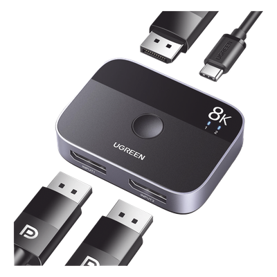 Conmutador DP 1.4 8K | Display Port Splitter 2 Entradas a 1 Salida | Bidireccional | 3D | HDR10+ | Dolby Atmos | 240Hz | 48Gbps | Compatible Free-Sync/G-Syng | Sincronización de Audio | Potentes Chips de Última Generación.