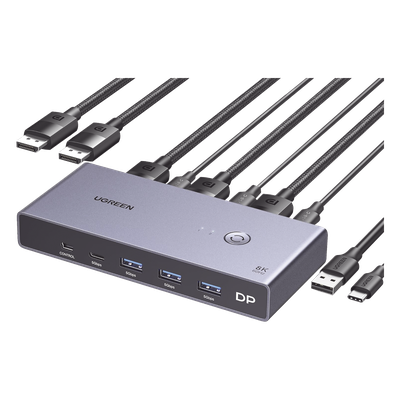 Conmutador KVM DisplayPort 8K | DP 1.4 | 2 Entradas 1 Salida | 4 Puertos USB 3.0 (3 USBA *1 USBC) | Soporta 8K@60Hz | HDR | Control de Escritorio | Carcasa de Aluminio | Indicador Led | Compatible Win, MacOs y Linux.