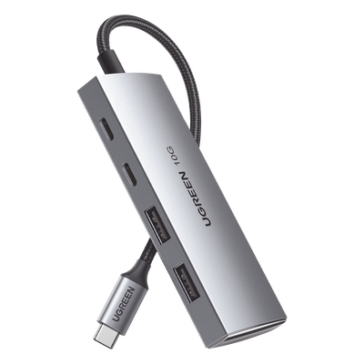HUB USB-C 3.2 4 en 1 | 2 Puertos USB-C 3.2 (10 Gbps) | 2 Puertos USB-A 3.2 (10 Gbps) | Admite OTG | Compatible con MacBook, Chormebook, iMac, iPad Pro, iOS, Windows, Mac OS, Android | Carcasa de Aluminio | Nylon Trenzado.
