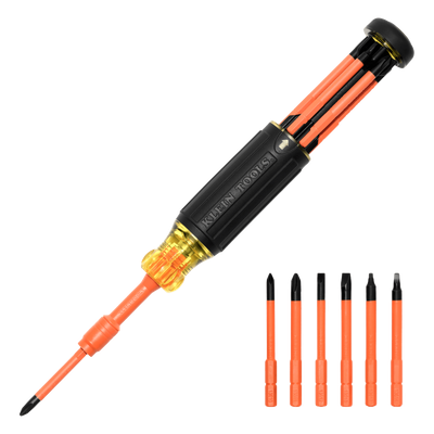 Destornillador Aislado 6-en-1 Auto-Lock / Aislado 1000V CAT III / Almohadilla de agarre / Almacenamiento de brocas integrado / Bits Philips #1 #2 / Slotted 3/16″ 1/4″ / Square #1 #2