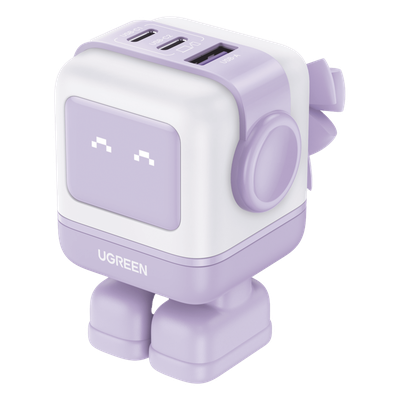 Cargador RobotGaN de 65W Serie UNO | 3 Puertos de Carga Rápida | 2 USB-C | 1 USB-A | PD 3.0 | QC 4.0 | Carga Inteligente | Tecnología GaN II | Zapato Magnético Extraíble | Carcasa Ignífuga | Pantalla LED