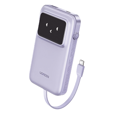 Power Bank Serie Uno | 10000mAh | 30W | con Cable USB-C Incorporado | 2 Salidas 30W Max. | Pantalla Inteligente | Carcasa Ignifuga | Aprobado por Aerolíneas.| Color Purple.