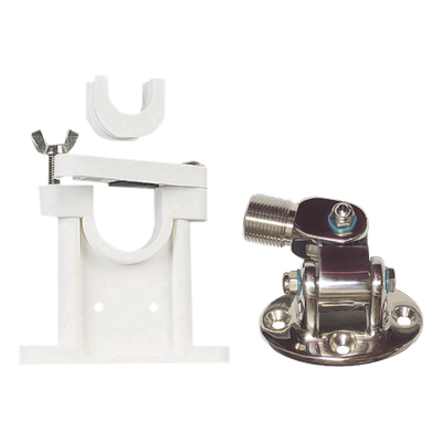 Kit de montaje de acero inoxidable ajustable con soporte para antenas de 1″ ó 1 1/2″ de Diámetro. Rosca Estándar 1″ x 14 Hilos.