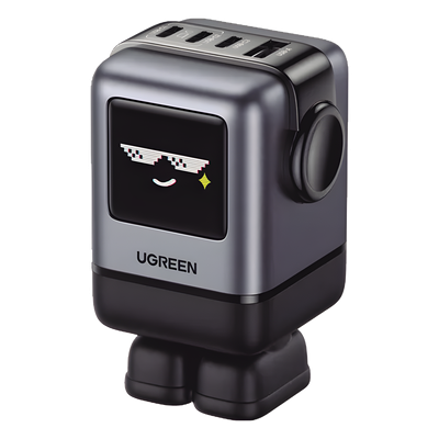 Cargador RobotGaN de 100W Serie UNO | 4 Puertos de Carga Rápida | 3 USB-C | 1 USB-A | PD 3.0 | QC 4.0 | Carga Inteligente | Tecnología GaN II | Zapato Magnético Extraíble | Carcasa Ignífuga | Pantalla LED