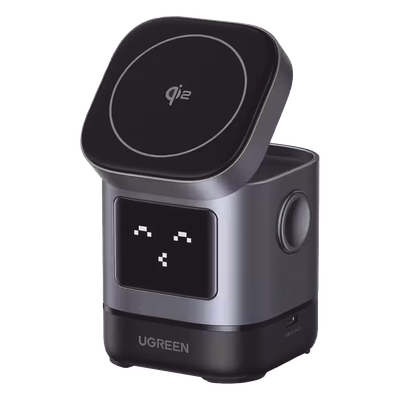 Cargador Inalámbrico Robot 2 en 1 UGREEN Qi2 / 15W Ultra Rápido para iPhone / 5W para AirPods / Pantalla Inteligente con Expresiones / Imanes N48H / Puerto USB-C 5W para Apple Watch / Compatibilidad MPP