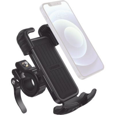 Soporte de Celular para Manillar de Motocicleta o Bicicleta / Anti Vibración / Protección de clip Antideslizante / Rotación de 360° / Bloqueo de Seguridad / Compatible con manillar de 0.6» a 1.75» / Soporta dispositivos de 4.6»