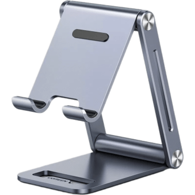 Soporte para Teléfono Celular de Aluminio | Angulo Ajustable | Amplia Compatibilidad con dispositivos de 4.7» a 7.9» | Antideslizante | Antiarañazos | Plegable | Color Gris.