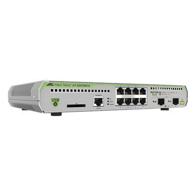 Switch Administrable CentreCOM GS970M, Capa 3 de 8 Puertos 10/100/1000 Mbps + 2 puertos SFP Gigabit