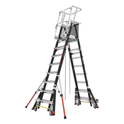 Escalera de Fibra de Vidrio  con Jaula de 8′-14′ (2.44 – 4.27 m). Con Ajuste en Ruedas (RATCHET™ Leveler) (SKU:18515-817).