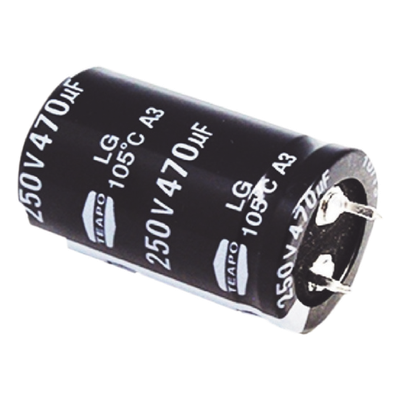 Capacitor Electrolítico de Aluminio, Radial de 470 µFd, 250 Vcc, 105 °C, 25 x 40 mm.