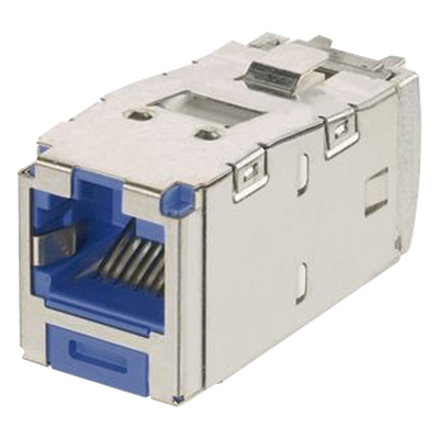 Conector Jack RJ45 Blindado, Llaveado Azul, Estilo TG, Mini-Com, Categoría 6A, de 8 Posiciones y 8 Cables, Color Azul