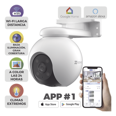 PT WiFi / (3K) 5MP / Visión 360° / Detección humana / Detección de Vehiculo / Audio de Dos Vías / Sirena / Luz Parpadeante / Colores en Oscuridad / Micro SD / Presets / Autoseguimiento / Exterior
