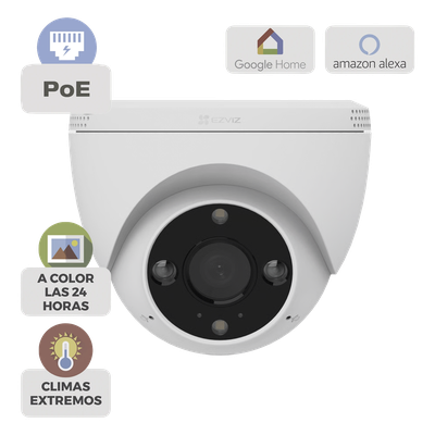 Cámara IP Domo PoE / Resolución 2K  3 Megapixel / Visión Nocturna a Color 30 m / Lente 2.8 mm 106° / Detección IA Humano/Vehículo / Audio Bidireccional / Defensa Activa con Luz y Sirena / IP67