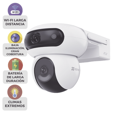 Kit Incluye Cámara Wi-Fi 6 + 4G LTE con Panel Solar / Doble Lente (4MP+4MP) / Visión Nocturna ColorFULL / Batería 10,400 mAh /  / IP65 Exterior / IA Detección Humana y Vehicular / Audio Bidireccional