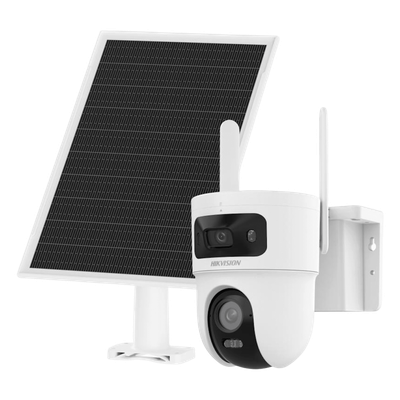 Kit Solar IP All in One Doble Lente / AOV / PT IP 4 Megapixel Lente 4 mm / Fijo 4 Megapixel Lente 2.8 mm / Panel Solar + Batería de Respaldo de Litio (9000 mAh) / Conexión 4G / Audio de Dos Vías / Dual Light / IP66 / Micro SD