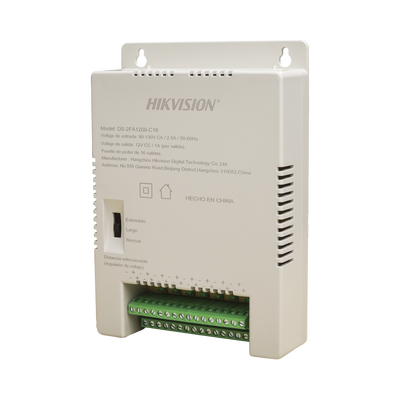 Fuente de Poder Regulada 12 Vcc / 13.5 Vcc / 15 Vcc para 16 Cámaras / 16 Amp (1 Amp por Salida) / Voltaje de Entrada 90 – 130 VCA / Soporta 4K / Modo para Largas Distancias