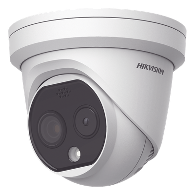 Turret IP Dual / Térmica 1.8 mm (160 x 120) / Óptico 2 mm (4 Megapixel) / Detección de Personas 53 mts / 15 mts IR / Exterior IP67 / PoE / Termométrica / Detección de Temperatura / Sirena y Luz / Micro SD 32 GB Incluida