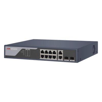 Switch PoE+ / Administrable / Uso en Rack / 8 Puertos 10/100 PoE+ /  2 Puertos 1000 Mbps Uplink  / 2 Puertos SFP / Configuración Nube desde Hik-PartnerPro / Modo Extendido hasta 300 Metros / 125 W