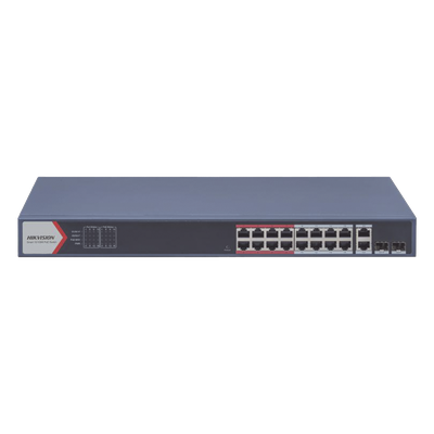 Switch PoE+ / Monitoreable / 16 puertos 10/100 Mbps PoE+ / 2 Puertos 1000 Mbps Uplink / 2 Puertos SFP de Uplink / Configuración Nube Hik-Partner Pro / Modo Extendido hasta 300 metros / 230 W