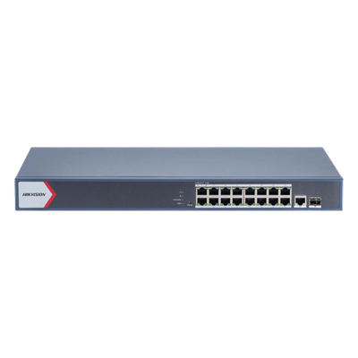 Switch Gigabit PoE+ / Administrable / 16 Puertos 1000 Mbps PoE+ / 1 Puerto 1000 Mbps de Uplink / 1 Puerto SFP / Configuración Nube desde Hik-Partner Pro / Modo Extendido hasta 300 Metros / 230 Watts