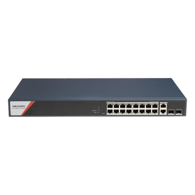 Switch Gigabit PoE+ / Administrable / 16 Puertos 1000 Mbps PoE+ (4 Puertos PoE++ 90 W) / 2 Puertos 1000 Mbps de Uplink / 2 Puertos SFP / Configuración Nube Hik-PartnerPro / Modo Extendido hasta 300 Metros / 230 W