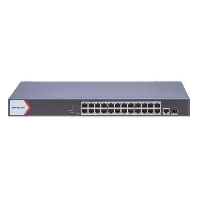 Switch Gigabit PoE+ / Administrable / 24 Puertos 1000 Mbps PoE+ / 1 Puerto 1000 Mbps Uplink  / 1 Puertos SFP Uplink / Configuración Nube Hik-Partner Pro / Modo Extendido hasta 300 Metros / 230 W