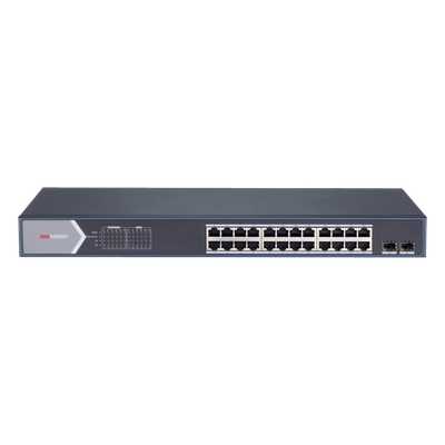 Switch Gigabit PoE+ / Administrable / 24 Puertos 1000 Mbps PoE+ / 2 Puertos SFP / Configuración Remota desde Hik-PartnerPro / PoE Extendido 250 Metros / 370 Watts