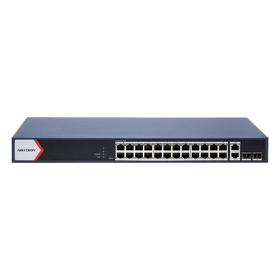 Switch Gigabit PoE+ / Administrable / 24 Puertos 1000 Mbps PoE+ / 2 Puertos 1000 Mbps Uplink / 2 Puertos SFP Uplink / Configuración Nube Hik-Partner Pro / Modo Extendido hasta 300 Metros / 230 W