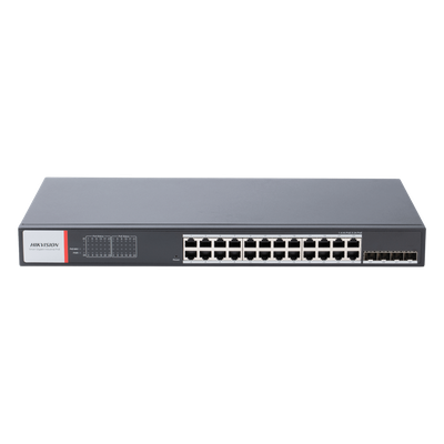 Switch Gigabit PoE+ / Industrial / Administrable / 24 Puertos 1000 Mbps PoE+ / 4 Puertos SFP / Configuración Nube Hik-PartnerPro / Modo Extendido hasta 300 Metros / 370 W