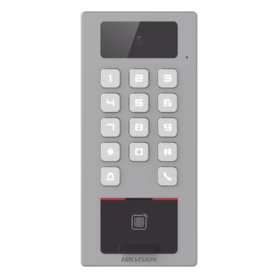 (PoE / 2 Relays) Terminal de Control de Acceso / Videoportero Multiapartamento Llamada a App / Teclado / Exterior Antivandálico IP65 & IK09 / Huella, Tarjeta, Código QR, PIN o App Hik-Connect / Cámara 2 MP compatible con NVRs