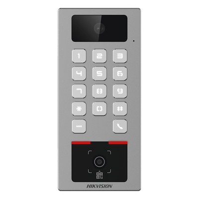 Teclado con Lector Físico de QRs para Exterior Antivandálico IP65 & IK09 con función de Videoportero Multiapartamento / Tarjeta, Código QR, PIN o App HikConnect / Cámara 2 MP compatible con NVRs / Soporta b
