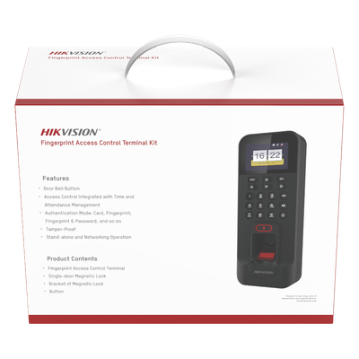 Kit de Control de Acceso TODO INCLUIDO con Lector de Huellas y Tarjetas / 3,000 Huellas / Compatible con App Hik-Connect / Incluye Electroimán  Botón de Salida y Montajes Z y L para imán (DS-K1T804)