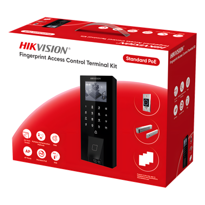 Kit Terminal Control Acceso Biométrico DS-KAS807 / Huella Digital / 2.4″ LCD / 5000 Huellas + 5000 Tarjetas / IP65 / Wi-Fi + PoE / Cerradura Magnética 272 kg / Botón Touchless