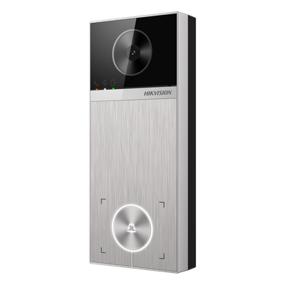 Videoportero / 4 Megapixel / Ángulo de Visión 150° / Control de 2 Cerraduras / Desbloqueo por Tarjeta, Hik-Connect y Estación Interior / IP65 / PoE IEEE802.3at / Compatibilidad ONVIF / H.265