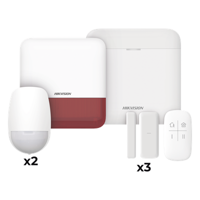 (AX PRO) KIT de Alarma AX PRO / Incluye: 1 Hub con batería de respaldo / 2 Sensores PIR / 3 Contactos Magnéticos mini / 1 Control Remoto / 1 Sirena Inalambrica Exterior color rojo  / WiFi / Compatible con Hik-Connect P2P