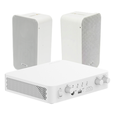 Kit de amplificador con bluetooth | 2 altavoces para pared | Sistema 100V | 2 Canales con Control de volumen Independiente | Música Ambiental