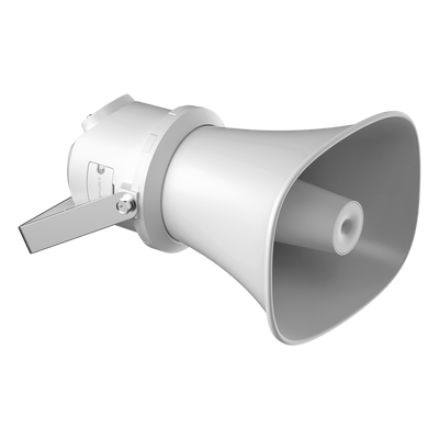 Bocina (Altavoz IP ) | Tipo Trompeta | 7 Watts | No requiere amplificador | PoE+ | Exterior IP67 | Metal | Voceo en tiempo real | Calendarización de audios | Síntesis de Voz (TTS) | Entrada de alarma