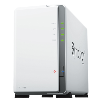 NAS DiskStation DS223j | 2 Bahías | CPU Realtek RTD1619B 1.7 GHz | 1 GB DDR4 | Puerto 1GbE RJ-45 | USB 3.2 Gen 1 | Compatible con HDD y SSD | Synology DSM | RAID 0, 1, JBOD | SMB, AFP, NFS, FTP | Vigilancia IP