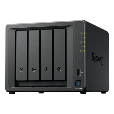 NAS DiskStation DS925+ | 4 Bahías | Expandible a 9 Bahías | 2 Puertos 2.5GbE | 2 Ranuras M.2 NVMe | AMD Ryzen V1500B | 4 GB DDR4 ECC | Hasta 565 MB/s Escritura Secuencial | Compatible con RAID | Synology DSM.