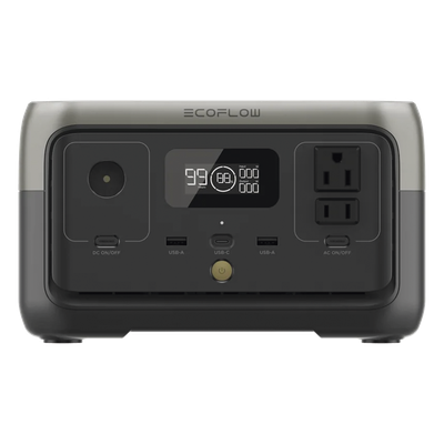 EcoFlow River 2 | Estación de Energía Portátil 256Wh Litio LFP / 2 AC 300 W (Max. 600W) / 1 USB-C 60W / 2 USB -A 12W / Cargador de Coche 8A a 12 o 24V / Conectividad WiFi y Bluetooth (App) / Carga Solar 110W Max.