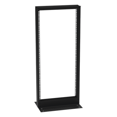 Rack de 2 Postes (Doble Perforación), Estándar 19″, 24 Unidades, Fabricado en Acero, Base «L» para Anclar a Piso.