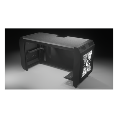 Consola Profesional para Monitoreo o Computo | Ranura para Base de Monitores | Microperforaciones | Luces LED Decorativas | Tomacorriente HTCM1U10C | Tapas Organizadoras de Cables | Niveladores | Rack para Montaje de Equipos | Ranura Pasaca