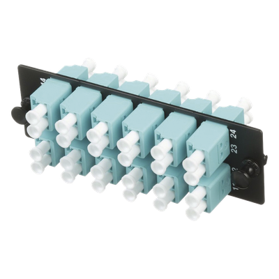 Placa Acopladora de Fibra Óptica FAP, con 12 Conectores LC Duplex (24 Fibras), para Fibra Multimodo OM3/OM4, Color Aqua