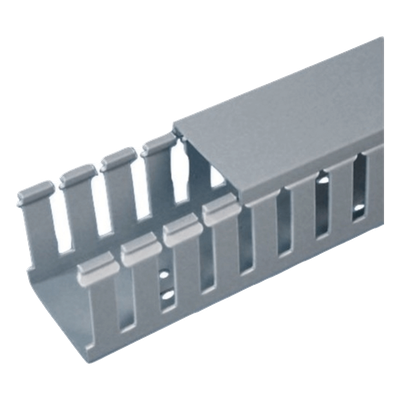 Canaleta Ranurada de PVC con Tapa, Tipo F, 57.2 mm de Ancho, 79.2 mm de Alto y 2 m de Largo, Color Gris