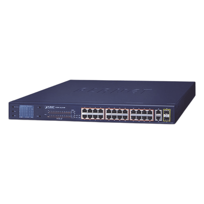 Switch No Administrable 24 Puertos PoE 10/100 802.3af/at, 2 Combo TP/SFP Gigabit y Pantalla LCD para Monitoreo y Configuración Básica de PoE, Hasta 300 Watts