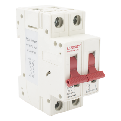 Protección Térmica/ Interruptor 2P, 40 A,  Corriente Directa  800 Vcc para Aplicación Fotovoltaica Montaje Riel DIN