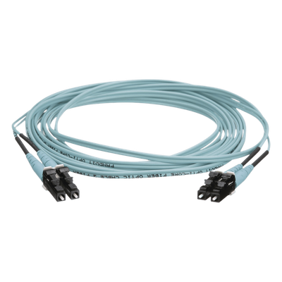 Jumper de Fibra Optica Multimodo 50/125 OM4, LC-LC Duplex, OFNR (Riser), Color Aqua, 9 Metros (29.53 Pies)